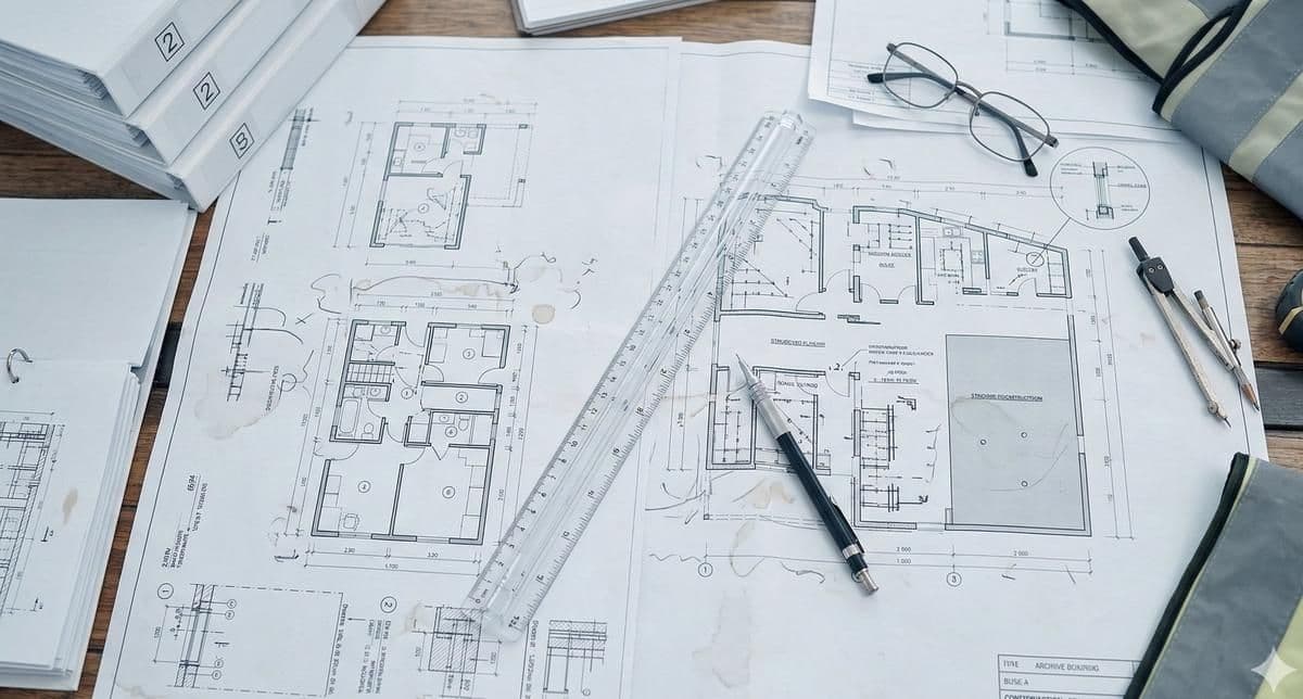 Bouwtekeningen op bureau met calculatie