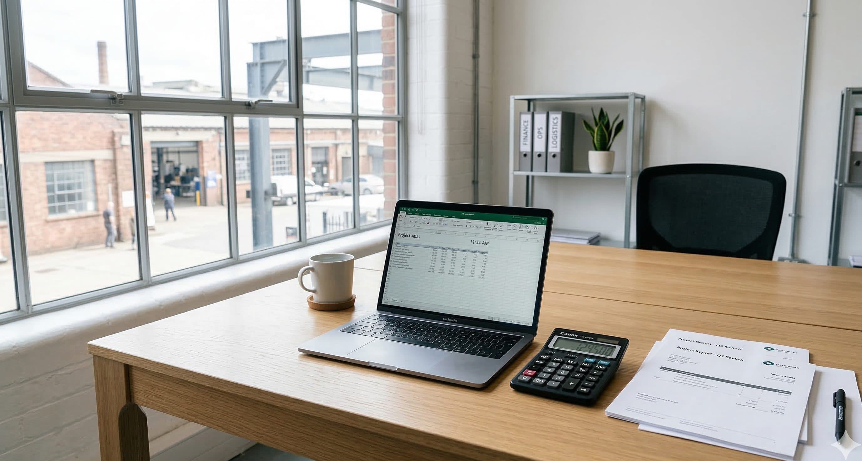 Bureau met laptop, calculator en spreadsheet
