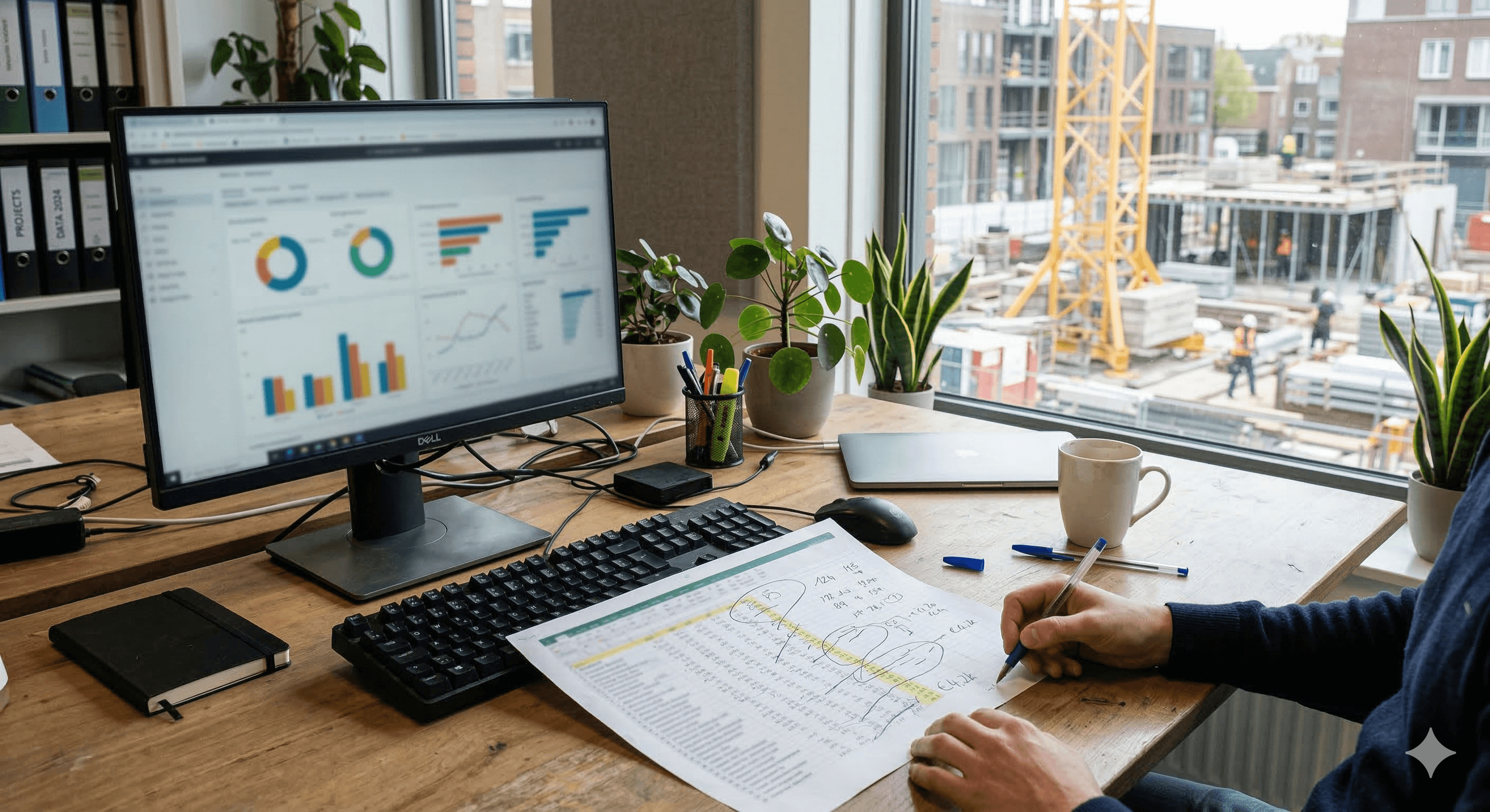 Bureau met dashboard en handgeschreven notities, bouwkraan op de achtergrond