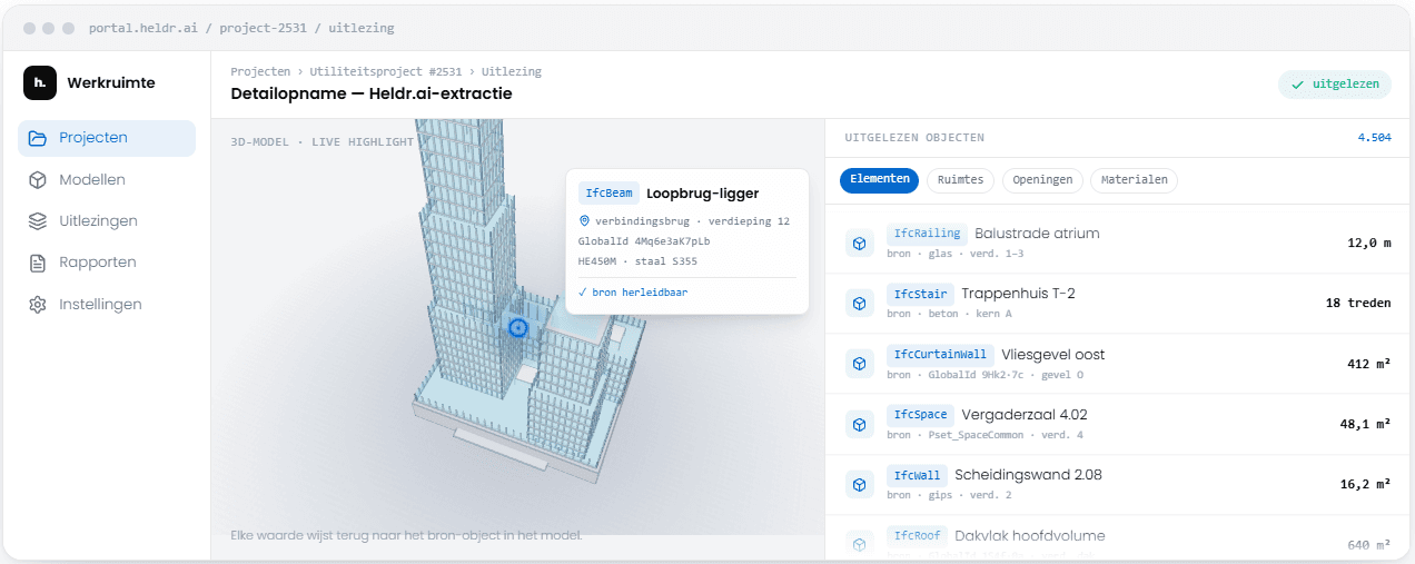 Preview van heldr.ai: een IFC-model uitgelezen naar gestructureerde data