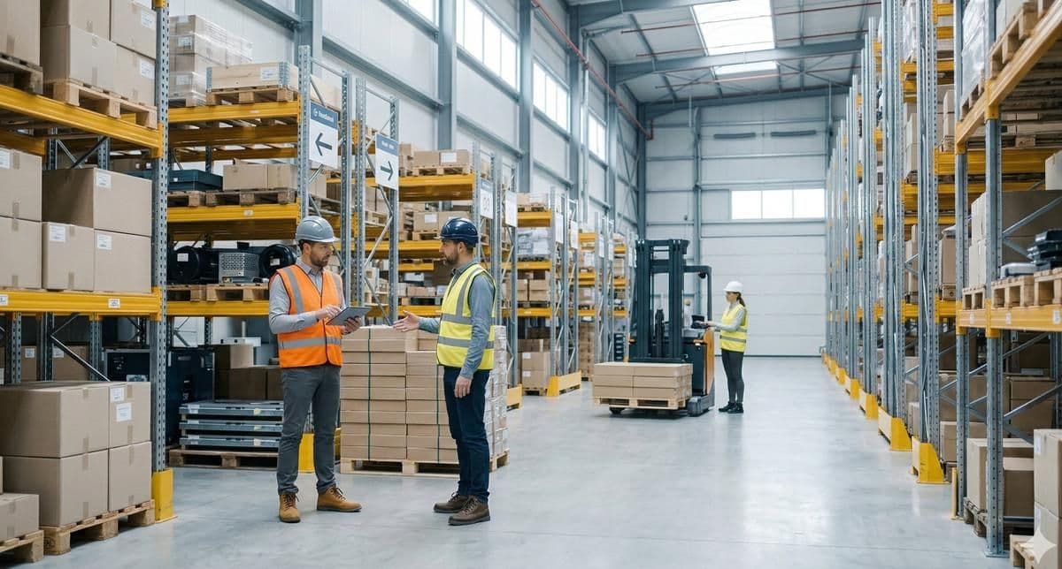 Overleg in een magazijn over werkprocessen