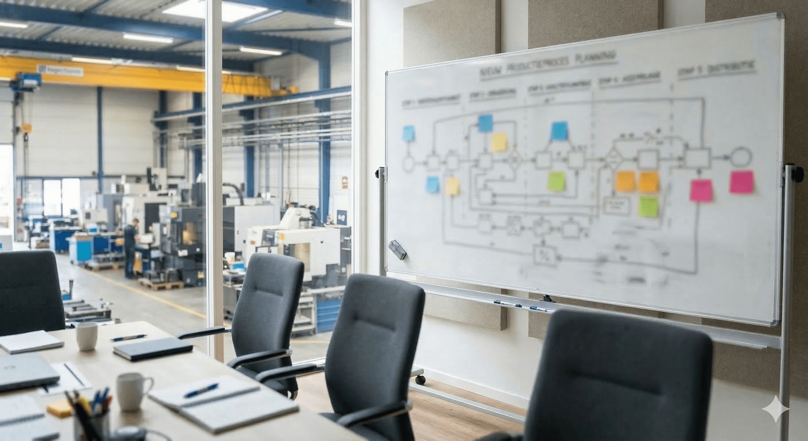 Whiteboard met procesflow en sticky notes, industriele werkvloer op de achtergrond