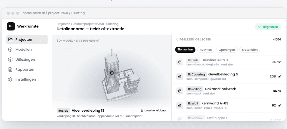 Preview van heldr.ai: hoeveelheden uitgelezen uit een 3D-model