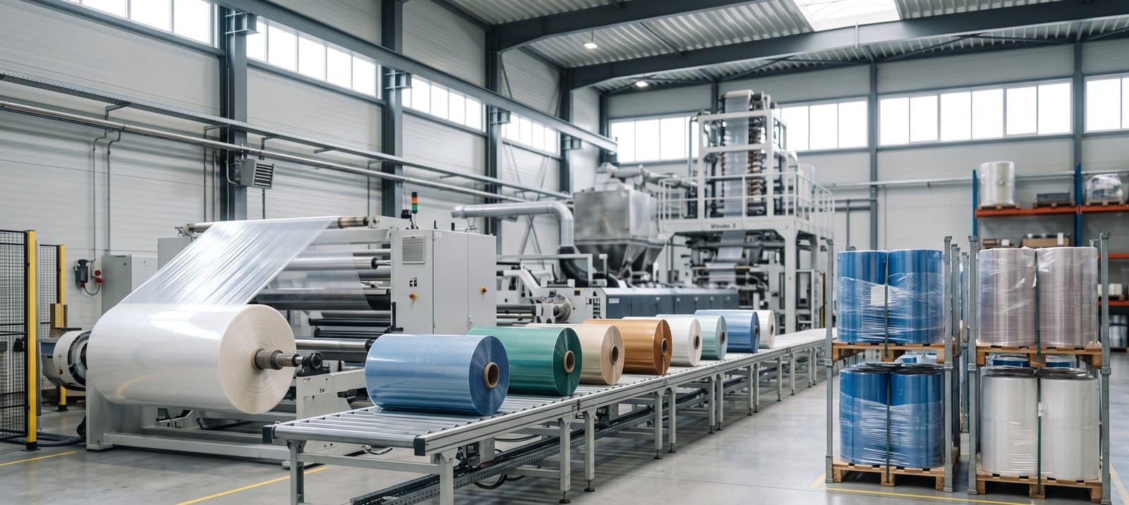Productielijn met rollen folie in een moderne fabriekshal