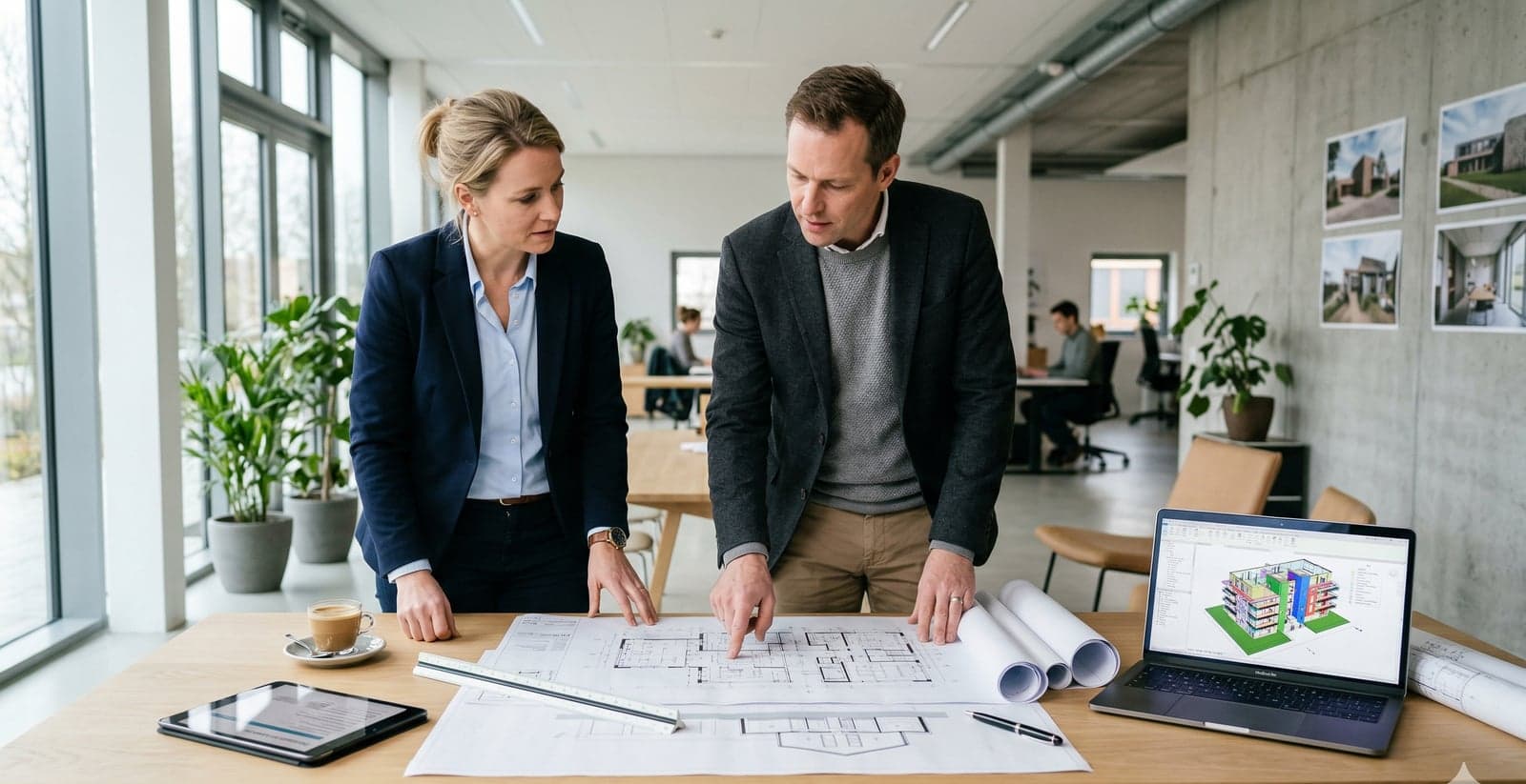 Twee bouwconsultants bespreken een bouwtekening met BIM-model op laptop